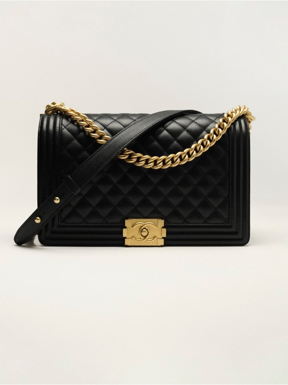 CHANEL Black Quilted Caviar Boy Bag Shoulder Bag with Gold Chain